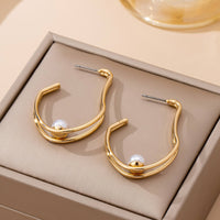 Gold-Tone Double Wave Pearl Hoop Earrings