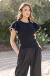 Embroidered Scallop Flutter Sleeve Ribbed Knit Top