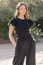 Embroidered Scallop Flutter Sleeve Ribbed Knit Top