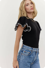 Embroidered Scallop Flutter Sleeve Ribbed Knit Top