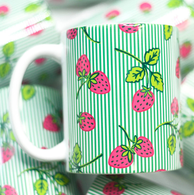 Green Seersucker Strawberries Ceramic Mug, Grandmillenial