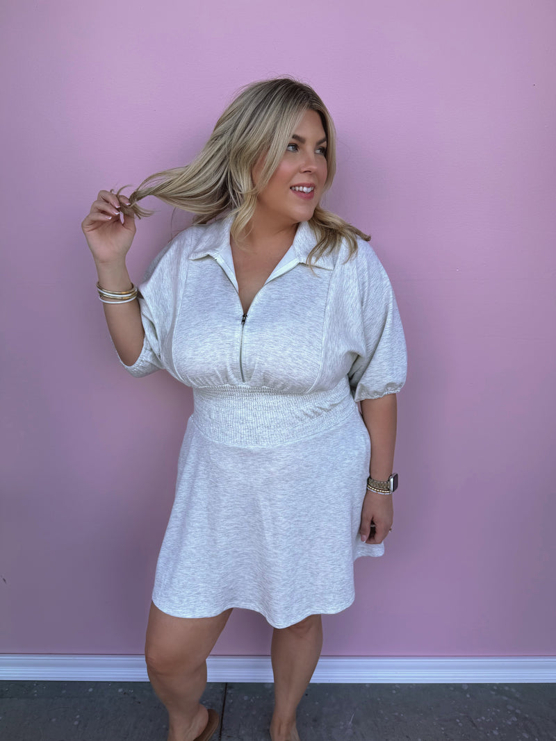 Ashen Grace Smocked Zip-Front Flare Dress