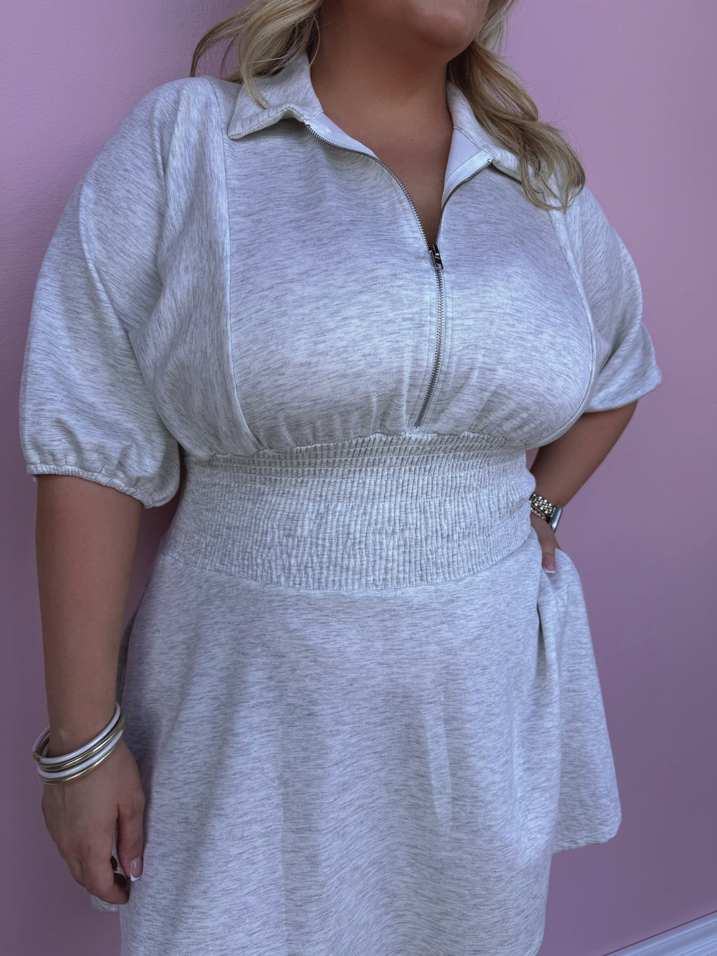 Ashen Grace Smocked Zip-Front Flare Dress