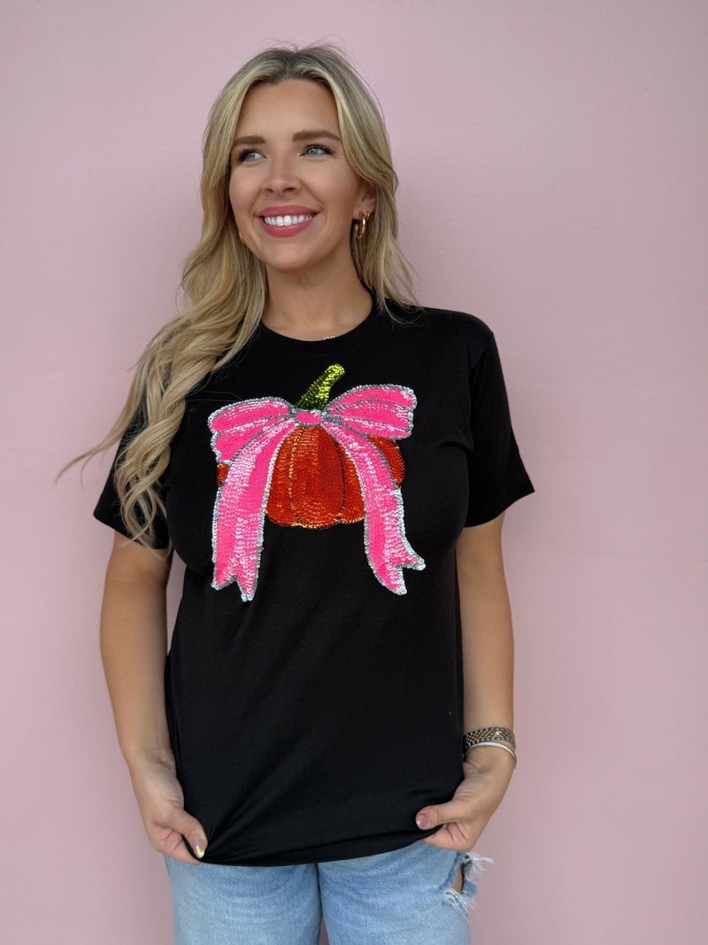 Pumpkin & Pink Bow Sequin Tee