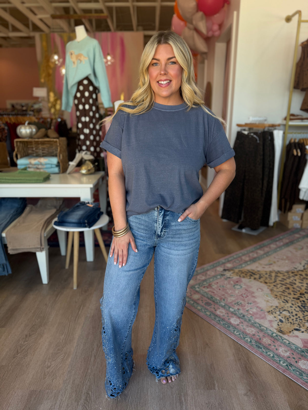 Delilah Lace & Rhinestone Wide Leg Jeans
