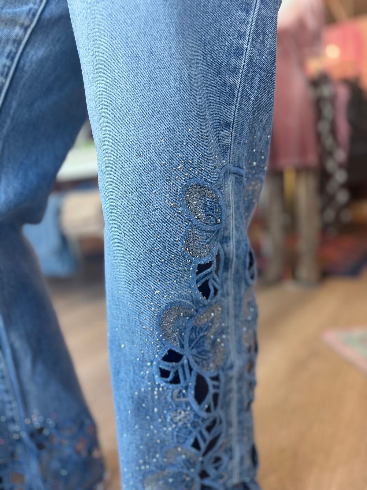 Delilah Lace & Rhinestone Wide Leg Jeans