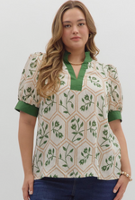 Garden Gate Puff Sleeve Blouse – Green Floral Print