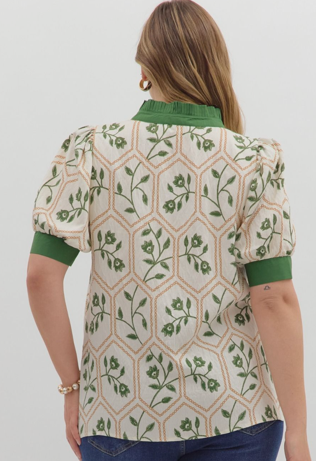 Garden Gate Puff Sleeve Blouse – Green Floral Print