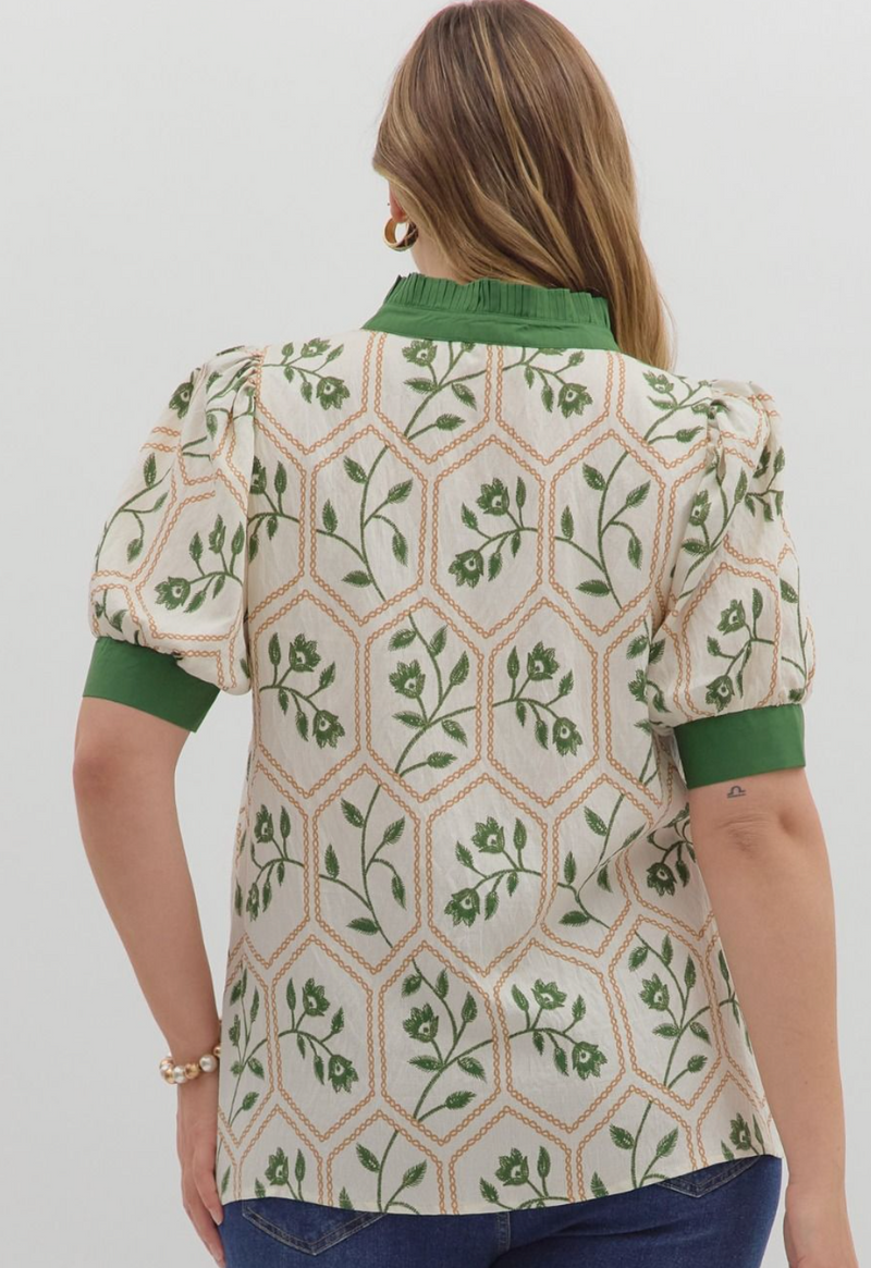 Garden Gate Puff Sleeve Blouse – Green Floral Print