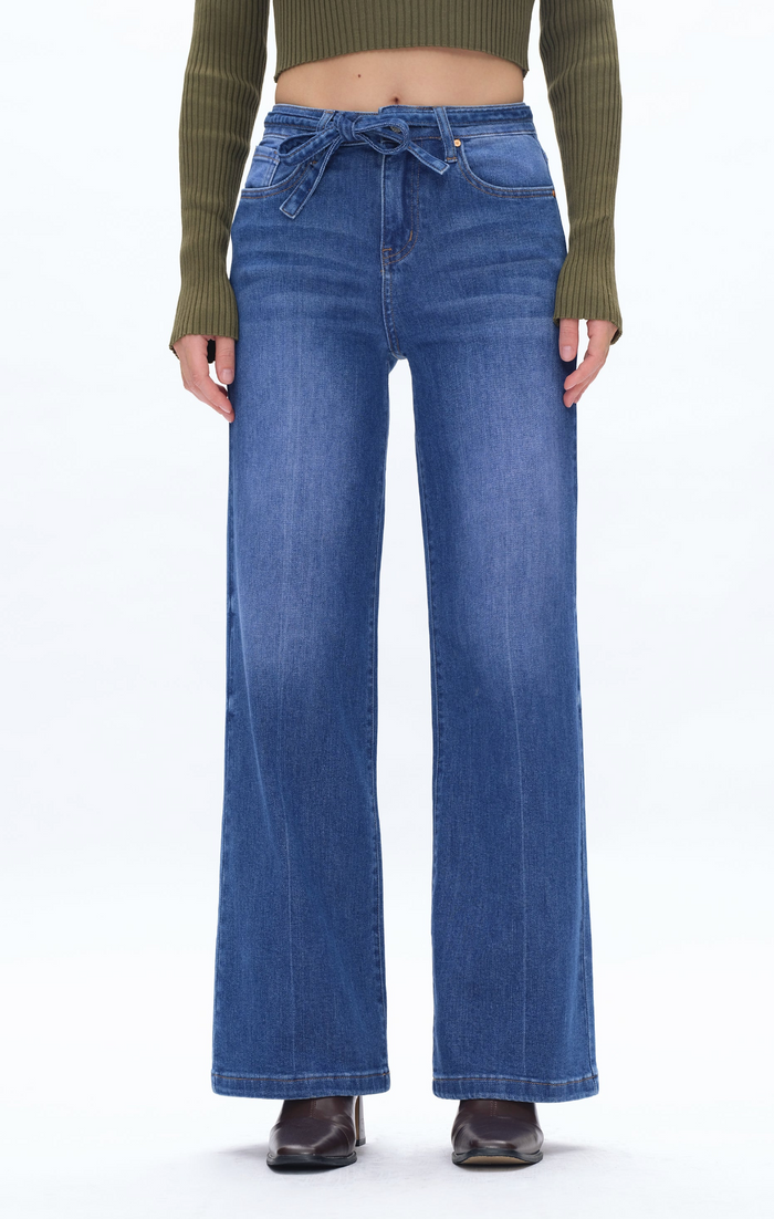 Blue Tie-Waist Wide Leg Jeans