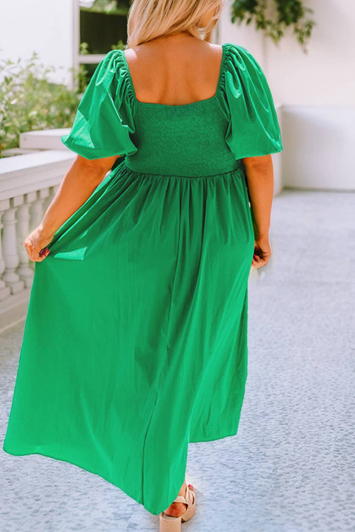 Ruched Front Puff Sleeve Plus Size Long Dress