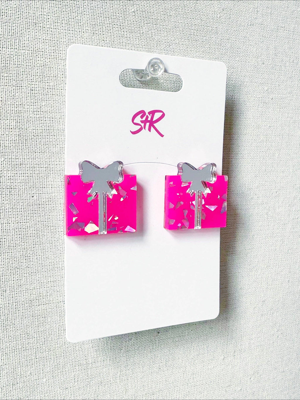 Hot Pink Acrylic Christmas Present Stud