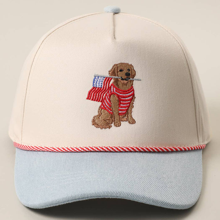 Golden Retriever Holding USA Flag Denim Brim Trucker Hat