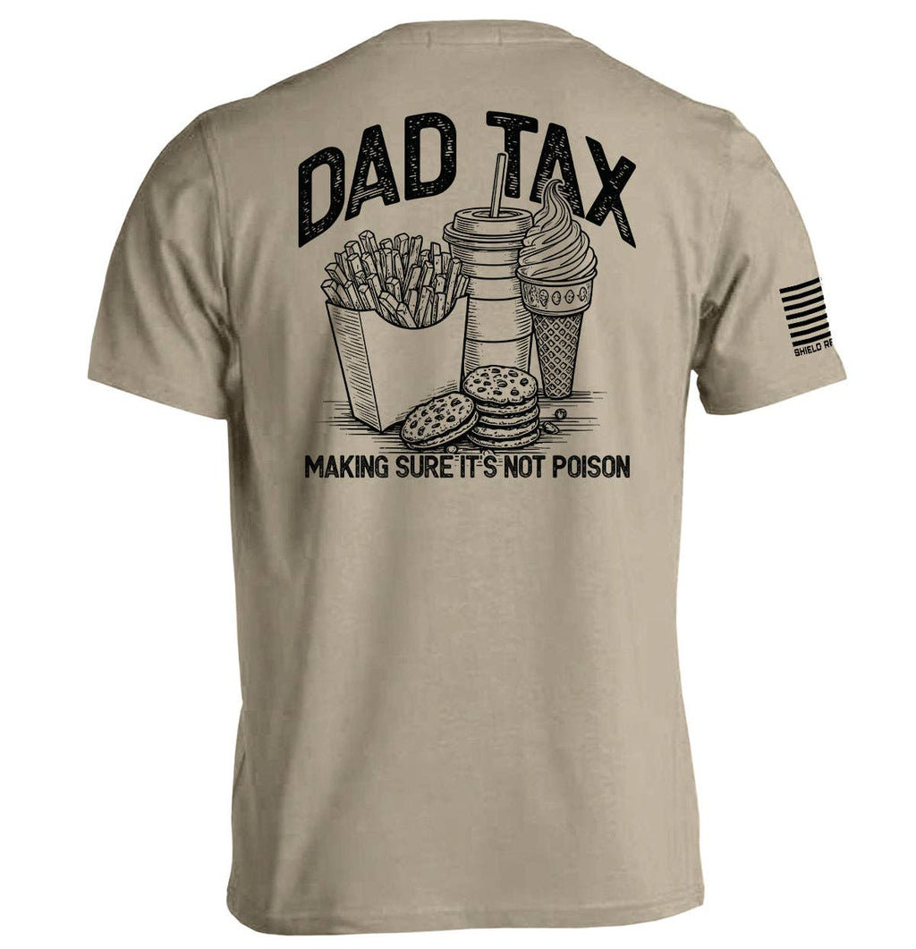 Beige t-shirt with graphic design and text on a white background