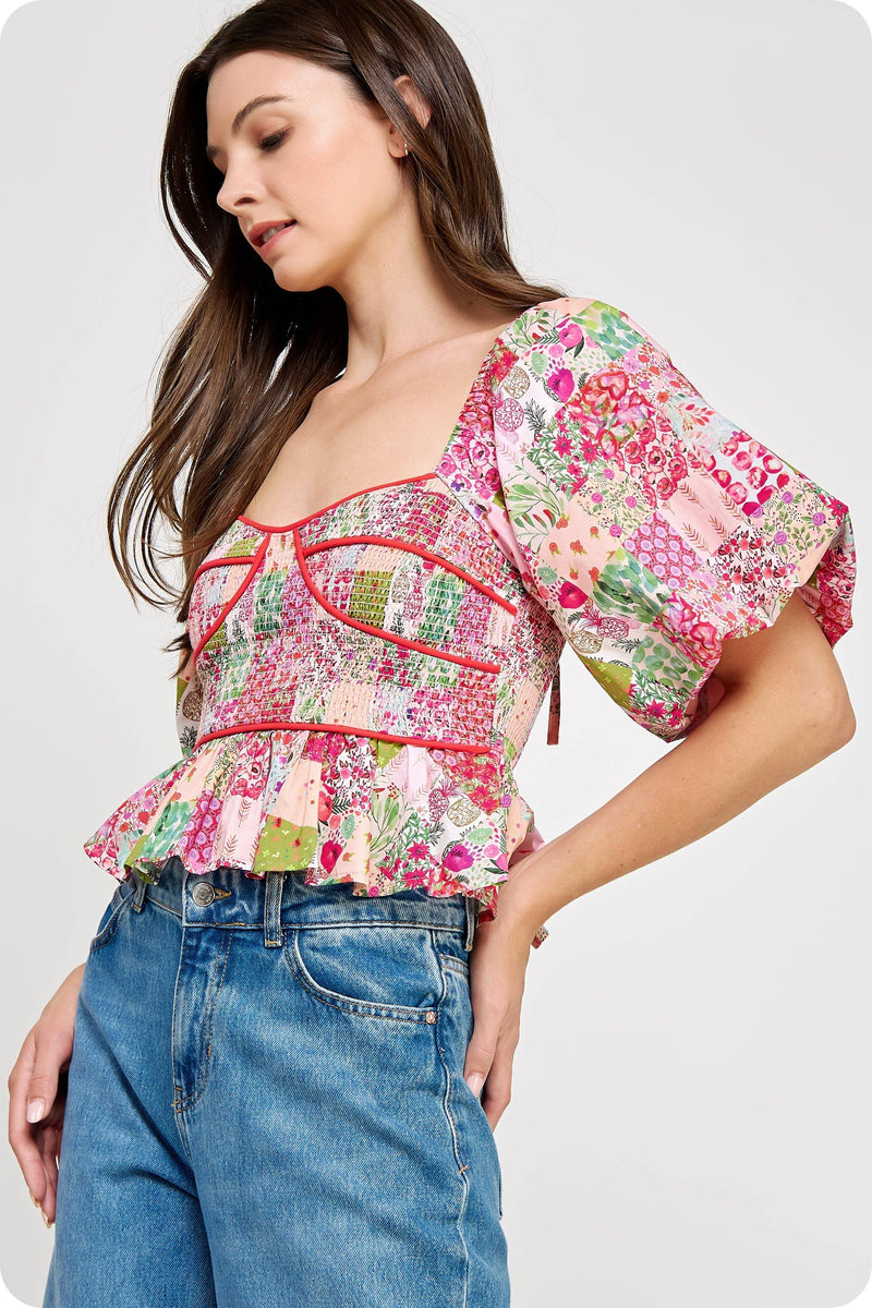Contrast Piping Floral Blouse