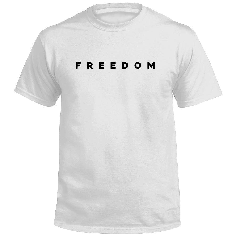 White t-shirt with 'FREEDOM' printed on a white background
