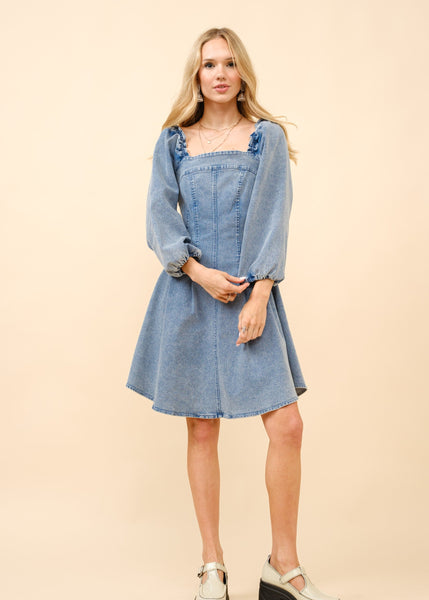 【美品】herlipto Eze Puff-Sleeve Denim Dress Eze Puff-Sleeve Denim Dress Herlipto Sサイズ デニム
