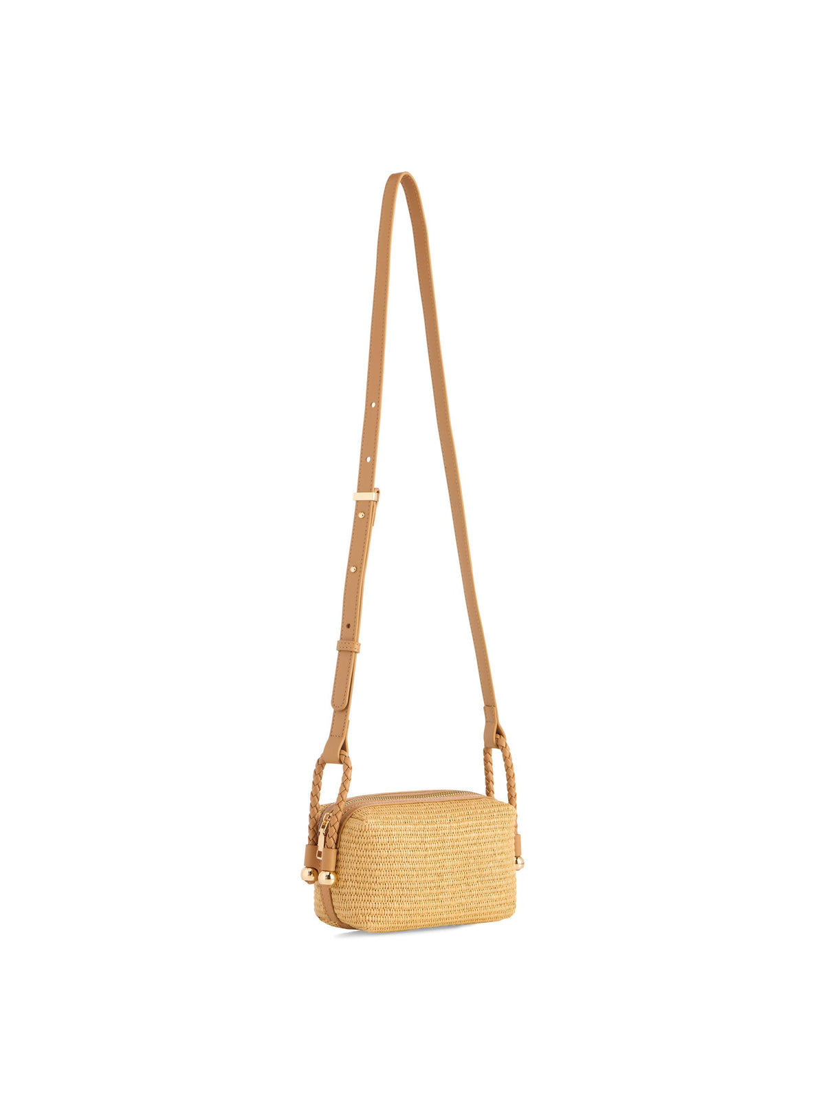 Woven handbag with a strap on a white background