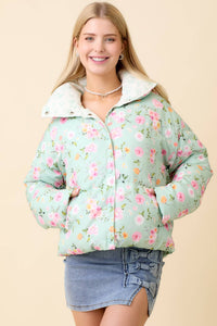 Minty Meadow Floral Puffer Jacket