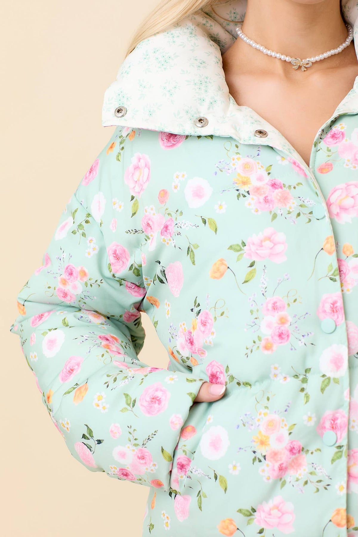 Minty Meadow Floral Puffer Jacket