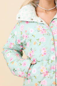 Minty Meadow Floral Puffer Jacket