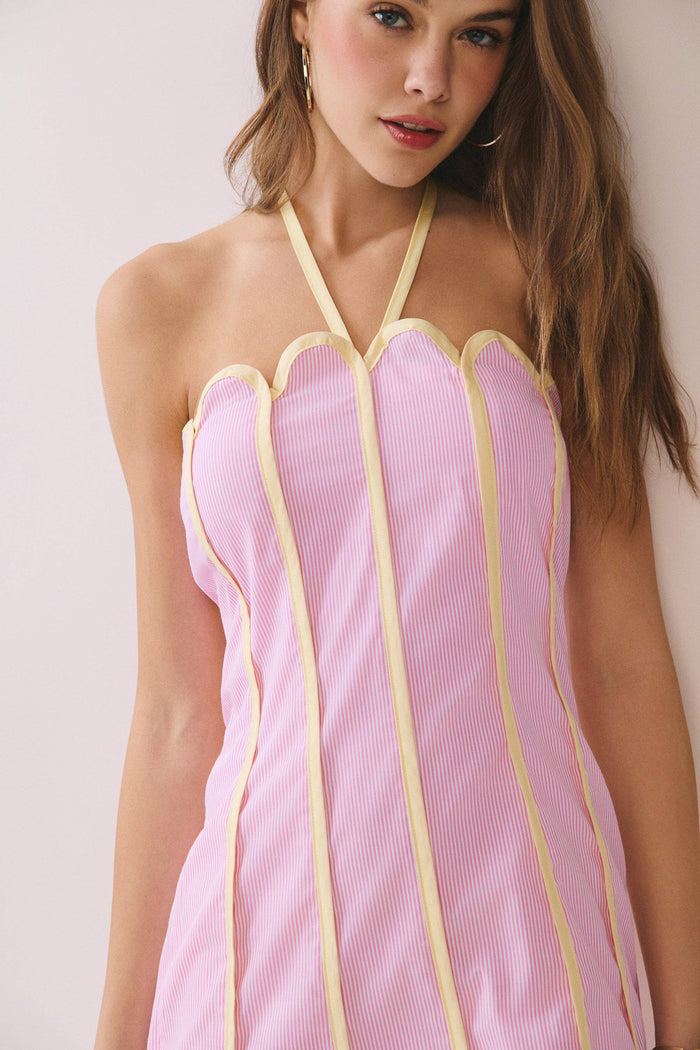 Contrast Piping Detail Halter Neck Mini Dress