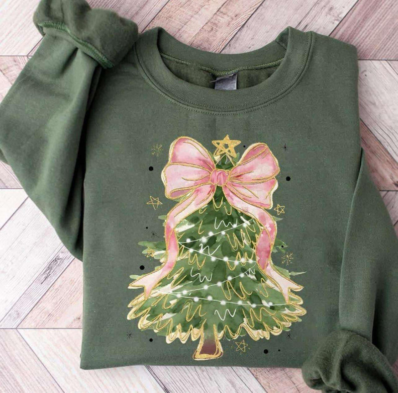 Christmas Tree Coquette Pink Bow Sweatshirt