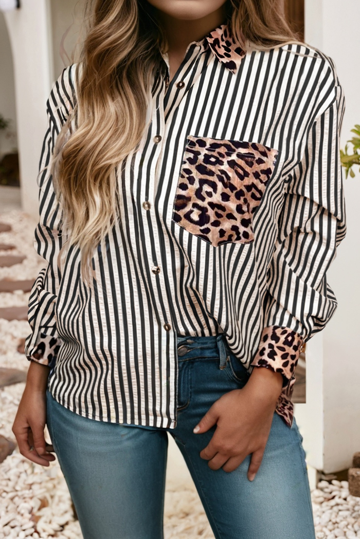 Wildly Chic Contrast Leopard & Stripes Button Up